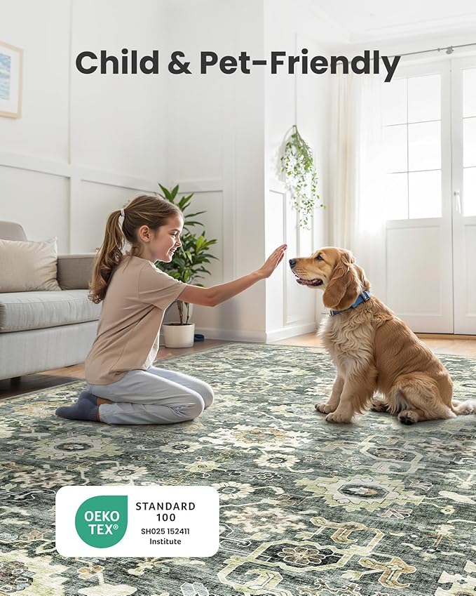 AMADA HOMEFURNISHING 10x14 Washable Area Rug, Low-Profile Large Area Rug with Non-Slip Backing & Durable Edge Binding, Vintage Large Rugs for Living Room, Bedroom & Dining Room