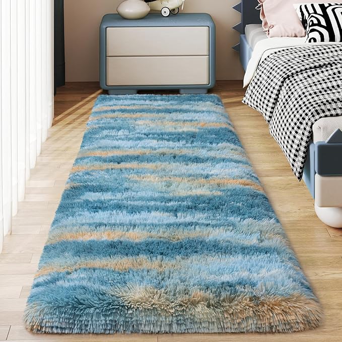Soft Runner Rugs for Bedroom Hallways, 2x5 Abstract Blue Fluffy Shag Throw Area Rug Non Slip for Bedside Dorm, Long Shaggy Furry Carpet for Nursery Living Room
