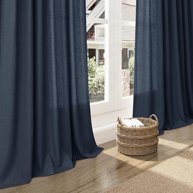 Nanspring Vintage Blue Linen Curtains 102 Inches Long Rod Pocket Back Tab Drapes 2 Panels Set for Living Room Light Filtering Semi Sheer Vintage Blue Curtain 102 Length for Patio Door Bedroom 52x102