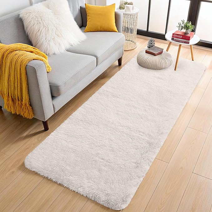 OLANLY 2x8 Machine Washable Runner Rugs for Hallway, Soft Fluffy Shaggy Bedside Rugs for Bedroom, Living Room, Indoor Floor Carpet for Kids Girls and Boys, Nursery Rooms, Home Decor Aesthetic, Ivory