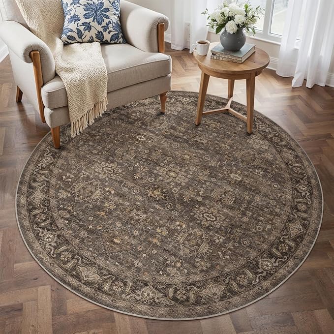 4x4 Washable Round Rug for Living Room Bedroom Vintage Brown Soft Low Pile Carpet Traditional Retro Non Slip Cirlce Rug for Dining Room Entryway Indoor Dorm Kitchen