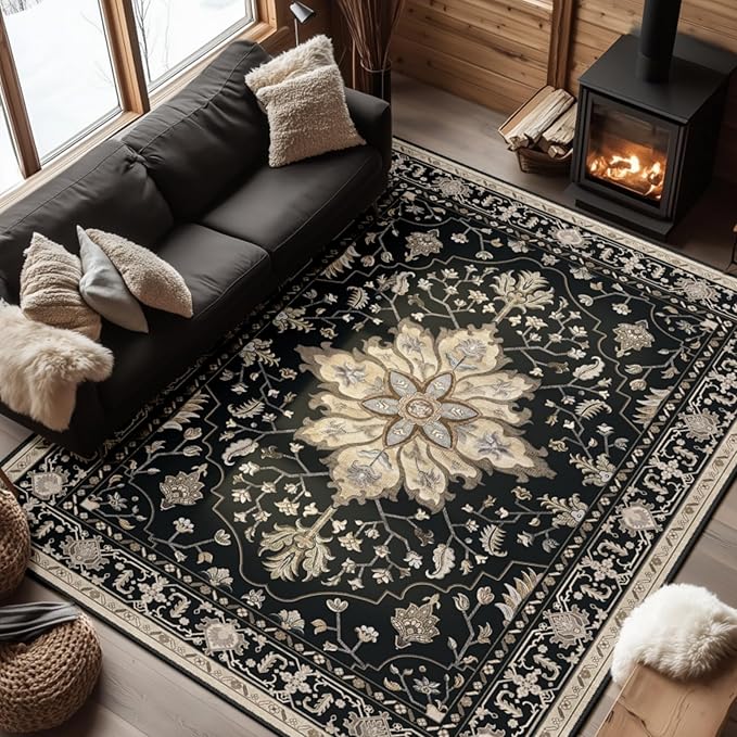 RELEANY Area Rugs 6'x8' Washable Non-Slip, Floral Vintage Distress Print Pattern Medallion Carpet for Living Room Bedroom Dining Room, Black Brown Neutral Dark Tan