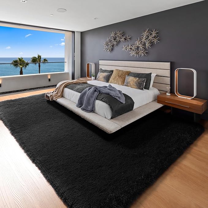 ONASAR Black 8x10 Area Rugs for Living Room, Large Fluffy Shag Bedroom Rug, Ultra Soft Thick Shaggy Floor Big Indoor Carpets for Kids Boys Girls Teen Nursery Dorm Modern Home Decor Aesthetic
