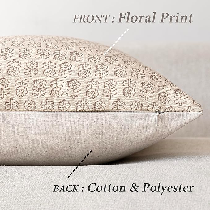 Foindtower Set of 2 Decorative Neutral Floral Print Throw Pillow Covers Vintage Accent Farmhouse Cushion Covers Boho Home Decor for Sofa Chair Couch Bedroom Living Room,18×18 Inch,Ivory Beige