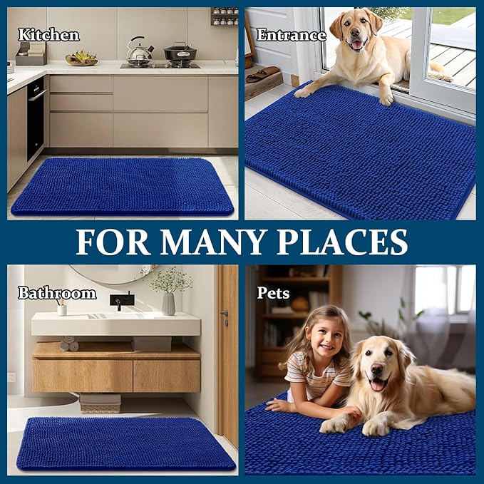 OLANLY Dog Door Mat for Muddy Paws 40x24, Absorbs Moisture and Dirt, Absorbent Non-Slip Washable Doormat, Quick Dry Chenille Mud Mat for Dogs, Entry Indoor Entryway Carpet for Inside Floor, Royal Blue