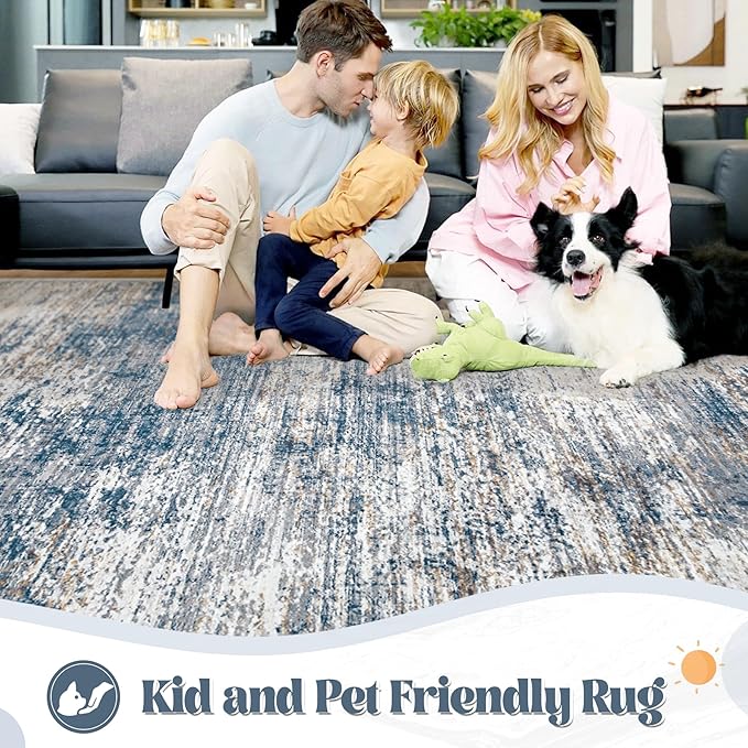 XLUEZ 5x7 Area Rugs for Living Room, Washable Modern Abstract Large Area Rug Neutral Soft Non Slip Kids Rug Stain Resistant Indoor Carpet for Bedroom Nursery Dining Room Playroom(BlueWhite, 5'x7')