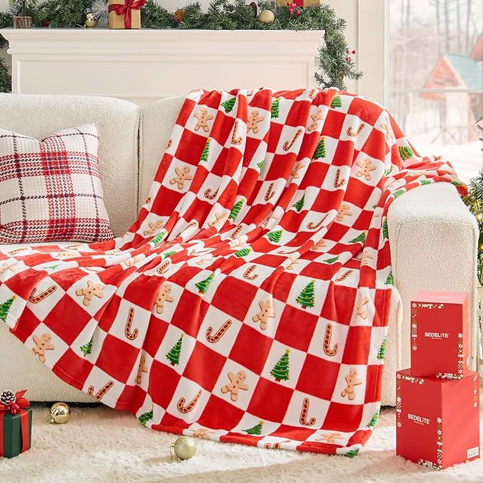BEDELITE Christmas Throw Blanket – Red and White Checkered Holiday Blanket with Gingerbread Man, Candy Cane & Christmas Tree Pattern, Soft Warm Fleece Christmas Blanket for Home Décor & Gift, 50"x60"