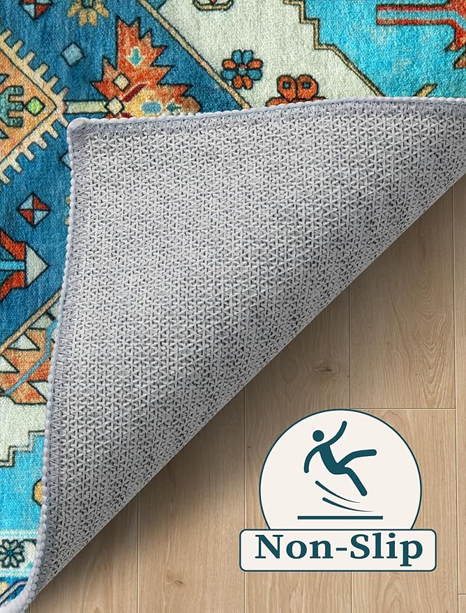 SERISSA Boho Washable Runner Rug, 2x6 Rug Runner Non-Slip Vintage Blue Hallway Kitchen Runner Rug Ultra Soft Print Distressed Tribal Floor Carpet Runner for Bedroom Bathroom Laundry Living Room
