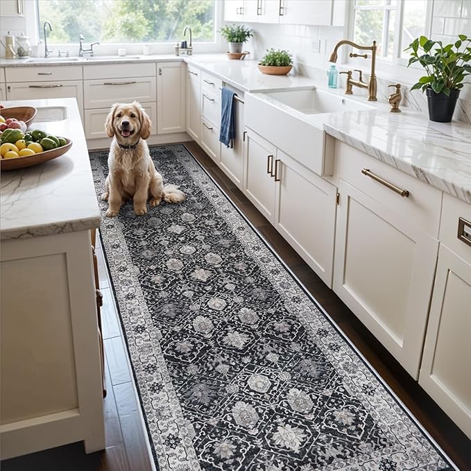 3x12 Washable Hallway Runner Rug: Oriental Long Ultra Soft Runners for Kitchen Entryway Thin Non Slip Bathroom Nursery Floor Mat Water Resistant Low Pile Carpet for Living Room Bedroom (Black,3x12)