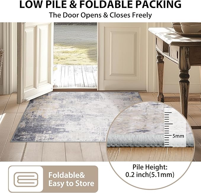 Washable Area Rugs Square 8ft Non-Slip Modern Abstract Soft for Living Room Entryway Bedroom Nursery, Print Pattern, Purple Grey Cream Yellow
