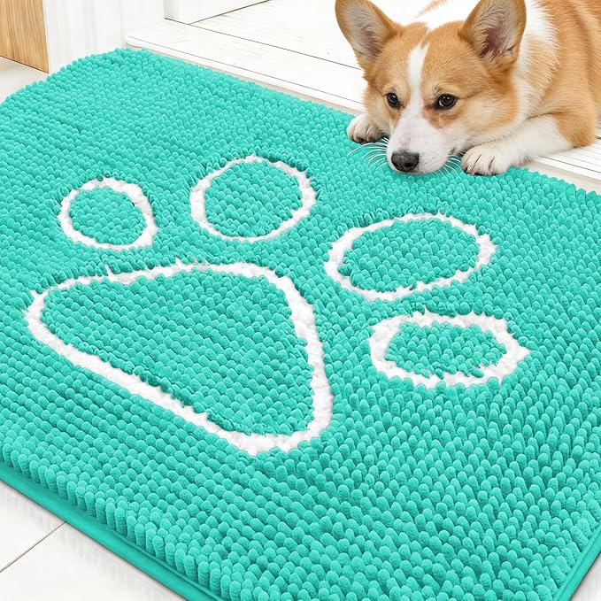 OLANLY Dog Door Mat for Muddy Paws 30x20, Paw Print Design, Absorbs Moisture and Dirt, Absorbent Non-Slip Washable Doormat, Quick Dry Chenille Mud Mat for Dogs, Entry Indoor Entryway Carpet, Teal