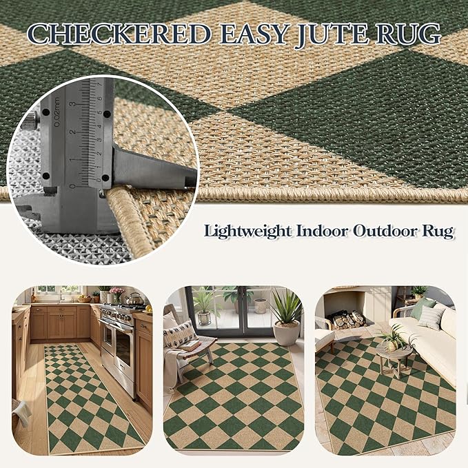 Lahome Colette Checkered Outdoor Rug 5x7, Washable Rug for Living Room Office Indoor Outdoor Carpet, Farmhouse Non Slip Non Shedding Green Carpet for Dining Room Sunroom Patio Courtyard
