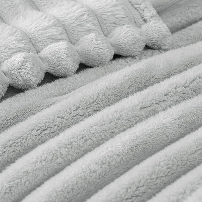 Exclusivo Mezcla California King Size Flannel Fleece Blanket, Super Soft Striped Jacquard Bed Oversized Blanket, Lightweight Fuzzy Cozy for All Seasons, 120x120 Inches, Light Grey