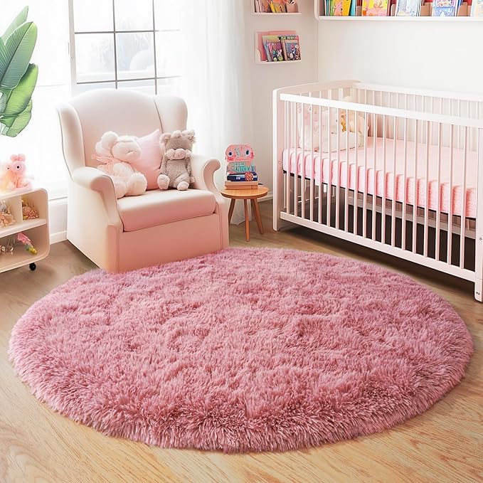 5'x5' Blush Round Rugs for Girls Bedroom, Ultra Soft Fluffy Circle Rug for Kids Room, Cute Shag Rugs for Living Room Playroom Tent Castle Home Decor Rug