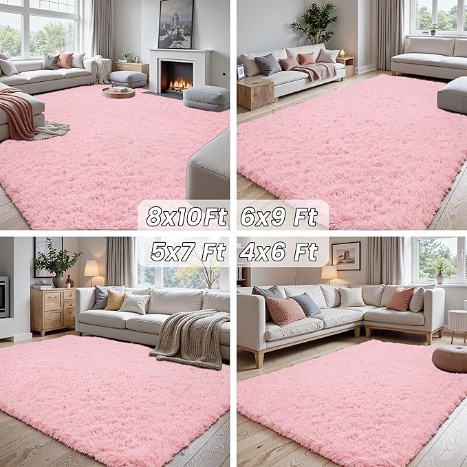 8x10 Area Rug for Living Room: Soft Fluffy Shag Pink Rugs for Bedroom, Non-Slip Large Fuzzy Plush Rug Indoor Floor Carpet for Nursery Kids Boys Girls Room, Dorms, Playroom, Modern Home Decor