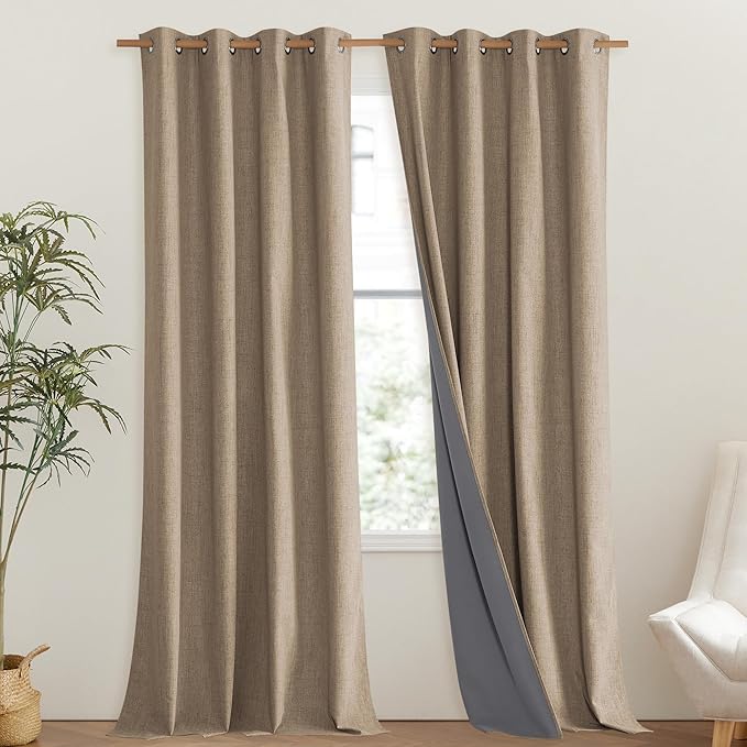 NICETOWN Burlap Vintage Open Linen Weave Flax Thermal Curtains, 100% Blackout Curtains 95" Long for Dining Room, Soundproof Window Treatment Drapes for Bedroom, 52" Wide Per Panel, Set of 2