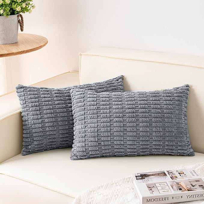 Pack of 2 Corduroy Decorative Throw Pillow Covers 12x20 InchSoft Boho Striped Pillow Covers Modern Farmhouse Home Decor for Sofa Living Room Couch Bed（Light Grey）
