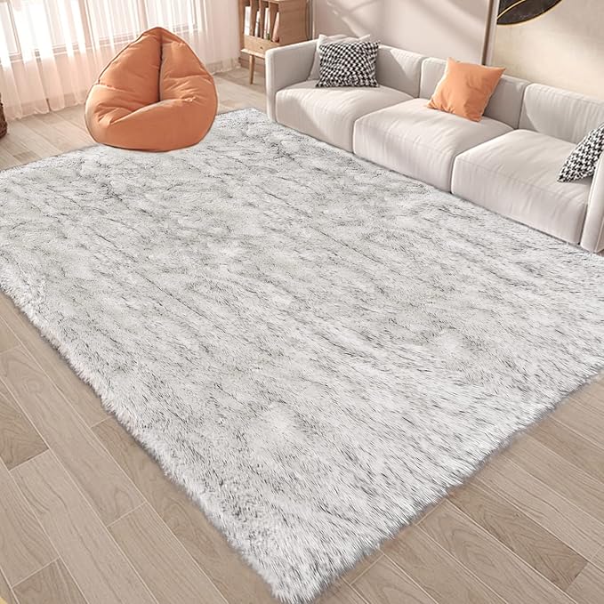 Latepis 6 x 8 Area Rug White with Gray Tips Shag Rugs Large Faux Sheepskin Rug for Living Room Bedroom Washable Fur Fluffy Rugs Home Decor Rectangle