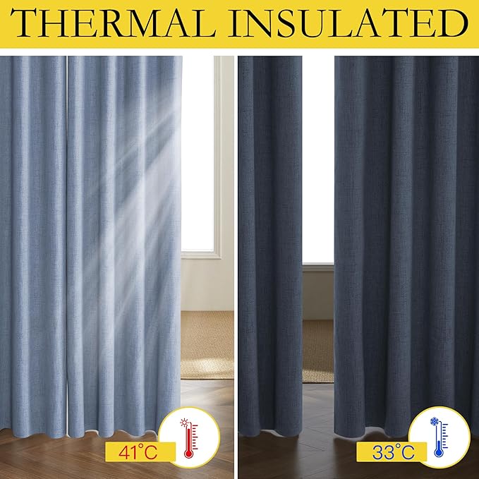 NICETOWN Stone Blue Vintage Linen 100% Blackout Curtains for Living Room, Thermal Insulated Curtains 120“ Long, Noise Reducing Window Treatment Drapes for Home Office, 62" Wide Per Panel, Set of 2