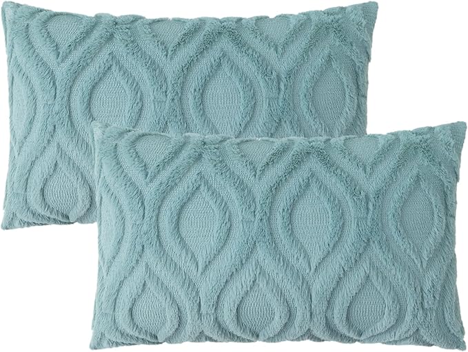 decorUhome Summer Throw Pillow Covers 12x20 Inch Set of 2, Soft Plush Faux Wool Aqua Solid Couch Pillow Covers, Accent Farmhouse Neutral Rectangle Pillow Cases for Sofa Bed Living Room