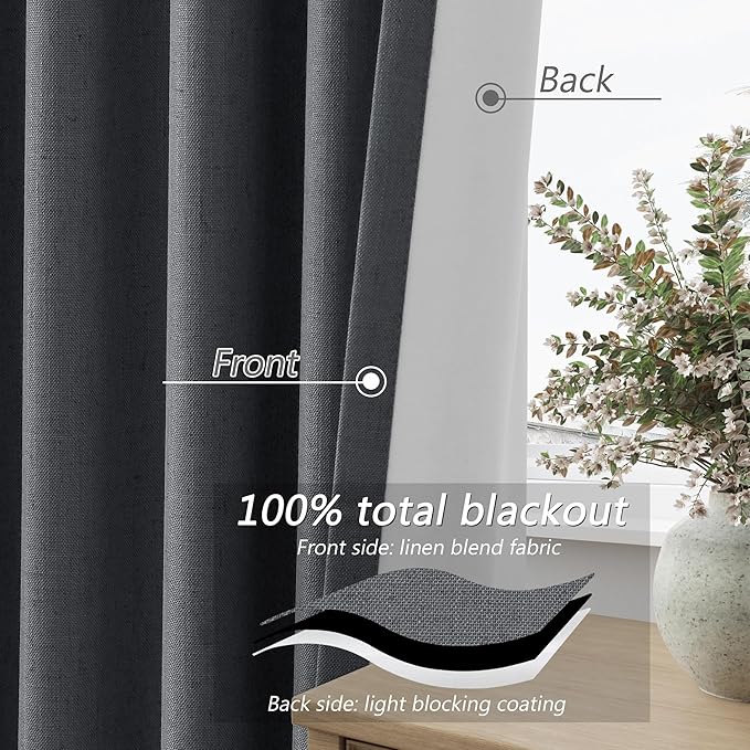 Guken 100% Blackout Curtains 102 Inch Length 2 Panels Set for Living Room Bedroom Back Tab Thermal Insulated Black Out Linen Drapes Room Darkening Blazer Grey,52x102