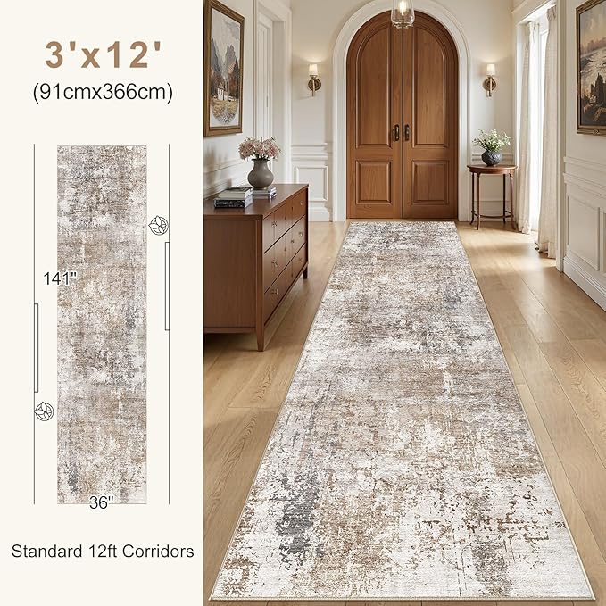 UERMEI 3X12 Washable Runner Rug for Hallway: Soft Neutral Modern Abstract Area Rug - Non-Slip Low Pile Long Throw Indoor Carpet for Kitchen Entryway Kitchen Bedroom Laundry Bathroom - Brown/Grey/Red