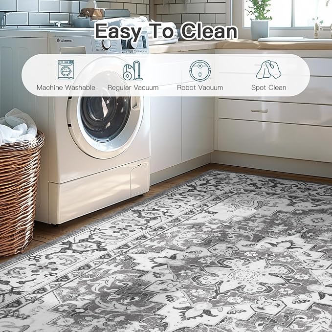 Lofus 5x7 Area Rugs for Living Room, Washable Area Rug, Rugs for Bedroom, Kitchen, Vintage Boho Carpet, Soft Non-Slip, Low Pile Large Area Rug for Office Dining Room, Floral Grey