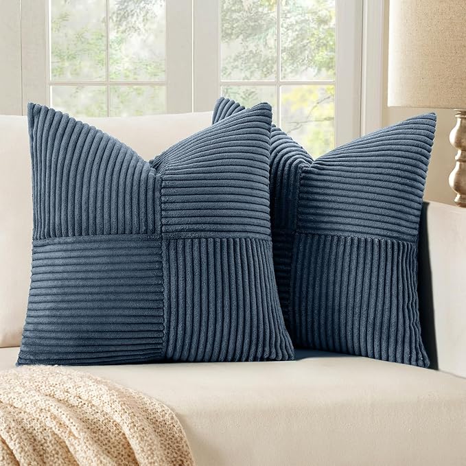 MIULEE Blue Decorative Throw Pillow Covers 20x20 Inch for Couch Bed Sofa Pack of 2 Boho Farmhouse Throw Pillows Soft Cross Corduroy Patchwork Textured Cushion Cases