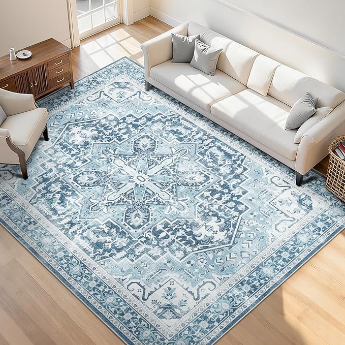 Rugflix 5x7 Area Rugs for Living Room, Machine Washable Rug Non Slip Stain Resistance, Large Rug Vintage Distressed Soft Carpet for Bedroom, Dining Room, Home Office, Blue
