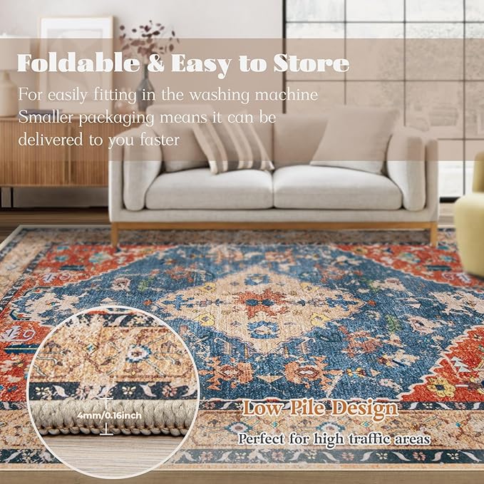 Area Rug 5x7 Washable Rug, Vintage Boho Medallion Rugs Non-Slip Soft Low Pile Large Distressed Rug Indoor Retro Carpet for Living Room Bedroom Dining Room Office (TribalMedallionMulti, 5'x7')