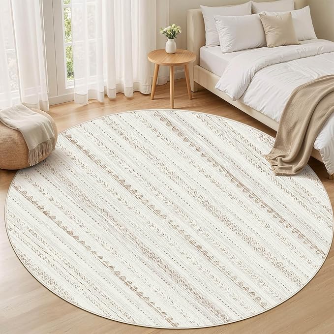 Nakagishi Round Rug Boho Area Rugs: 6x6 Washable Large Circle Neutral Soft Stain Resistant Non-Slip Carpet for Women Aged 25-45 Farmhouse Decor Enthusiasts - Living Room Bedroom Dining Room Nursery