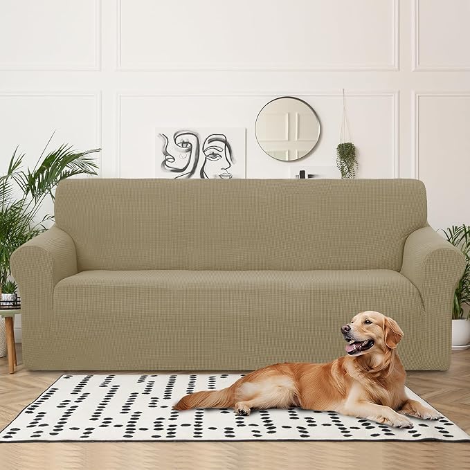 U-NICE HOME 4 Seater Stretch Couch Cover Sofa Cover Washable Sofa Slipcover Furniture Protector for 3 Cushion Couch Sofa Pet Friendly, Sand