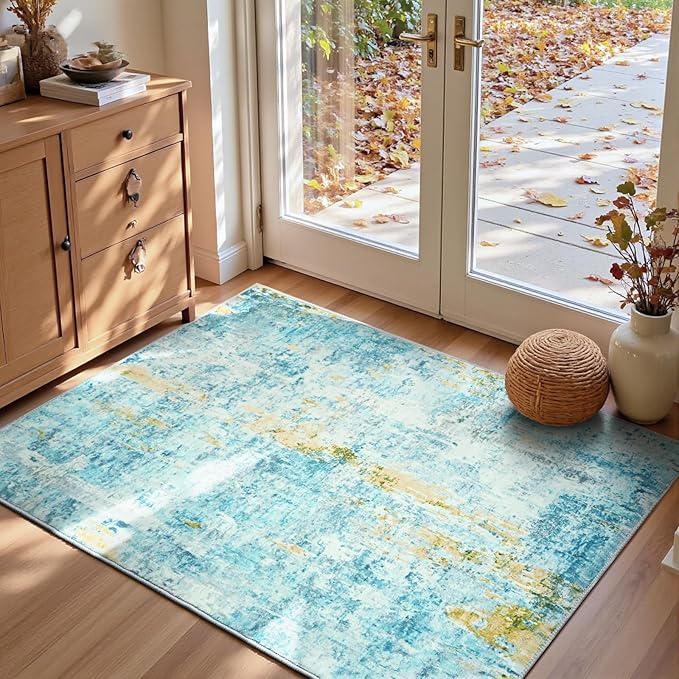 Entryway Rug 3x5 Teal Blue Bedroom Area Rug Washable Non Slip Abstract Boho Rugs for Indoor Entry, Kitchen, Classroom, Bathroom, Kids Girls Room, Office, College Dorm Small Carpet