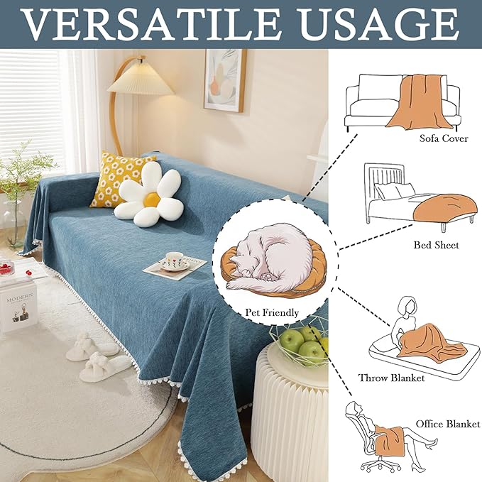 HANDONTIME Navy Blue Sectional Couch Covers, 3 Cushion Couch Chenille Cover with Lace Pattern for Dogs Kids, Fitted, Easy, 71" x 134"