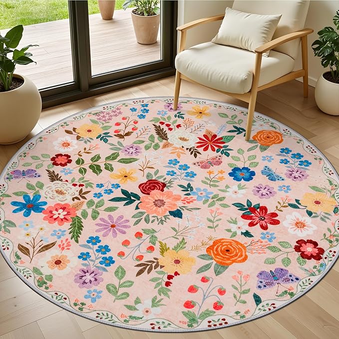 Round Area Rug for Living Room: 4 ft Floral Washable Circle Rug Soft Boho Non-Slip Carpet Indoor Stain Resistant Low Pile Small Circular Rug for Bedroom Entryway Kitchen Nursery Home Office Beige