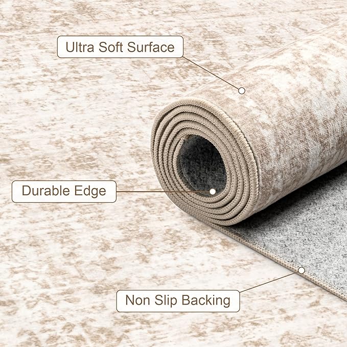 Hallway Runner Rug Non Slip - Washable 2.6x8 Kitchen Rugs for Living Room, Low-Pile Soft Bedroom Rug Indoor Floor Stain Resistant Carpets for Entryway, Laundry, Bathroom Beige Brown