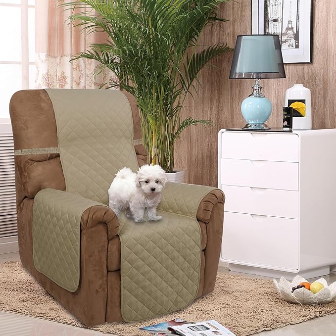U-NICE HOME Recliner Chair Covers Reversible Chair Cover Pet Covers for Dogs with Elastic Straps Water Resistant Diamond Quilted (28''Recliner Oversized, Light Camel/Beige)