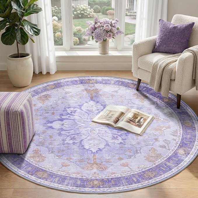 Area Rugs 4ft Washable Non-Slip, Floral Vintage Distress Print Pattern Medallion Carpet for Living Room Bedroom Dining Room, Light Purple Brown