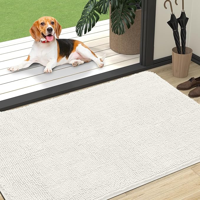 OLANLY Dog Door Mat for Muddy Paws 47x32, Absorbs Moisture and Dirt, Absorbent Non-Slip Washable Doormat, Quick Dry Chenille Mud Mat for Dogs, Entry Indoor Entryway Carpet for Inside Floor, Ivory
