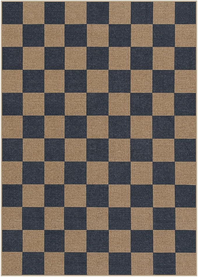 Lahome Colette Checkered Easy Jute Living Room Rugs, 5x7 Dining Room Office Rug Farmhouse Outdoor Patio Carpet, Checkerboard Washable Non Slip Indoor Outdoor Blue Carpet for Backyard Entry Deck