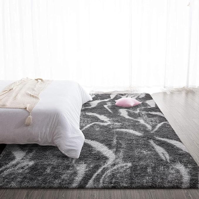 TWINNIS Super Soft Shaggy Rugs Fluffy Carpets, 5x8 Feet, Indoor Modern Plush Area Rugs for Living Room Bedroom Kids Room Nursery Home Decor, Upgrade Anti-Skid Rectangular Fuzzy Rug, Black Grey
