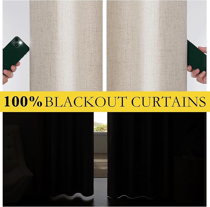 NICETOWN Oatmeal Vintage Open Linen Weave Flax Thermal Curtains, 100% Blackout Curtains 84 inches Long for Dining Room, Soundproof Window Treatment Drapes for Hall Room, 52" Wide Per Panel, Set of 2