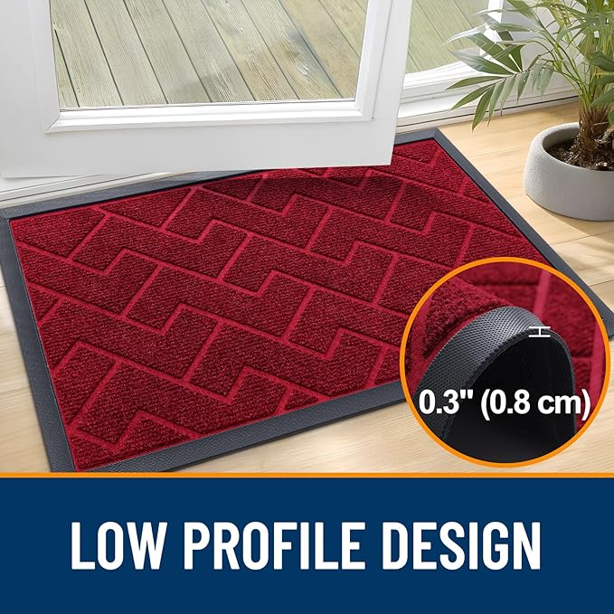 OLANLY Front Door Mat Indoor Outdoor Entrance, Waterproof All-Season, All-Weather Doormat, Sturdy Natural Rubber, Low Profile, Easy Clean Patio Porch Entryway Mat, Herringbone Brick (Wine Red, 59x23)