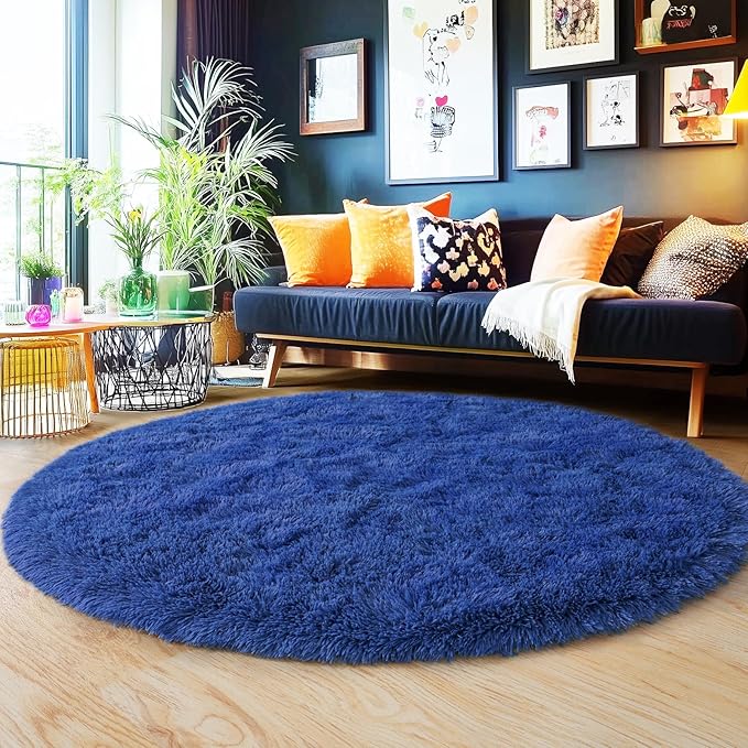 6‘x6’ Blue Round Rug for Bedroom, Ultra Soft Fluffy Circle Rug for Kids Girls Boys Room, Cute Shag Rugs for Living Room Playroom Teen Room Home Decor Rug