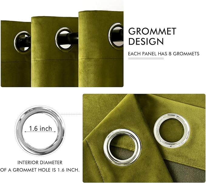 MIULEE Velvet Curtains Olive Elegant Grommet Thermal Insulated Soundproof Green Room Darkening Curtains/Drapes for Classical Living Room Bedroom Decor 52 x 84 Inch Set of 2