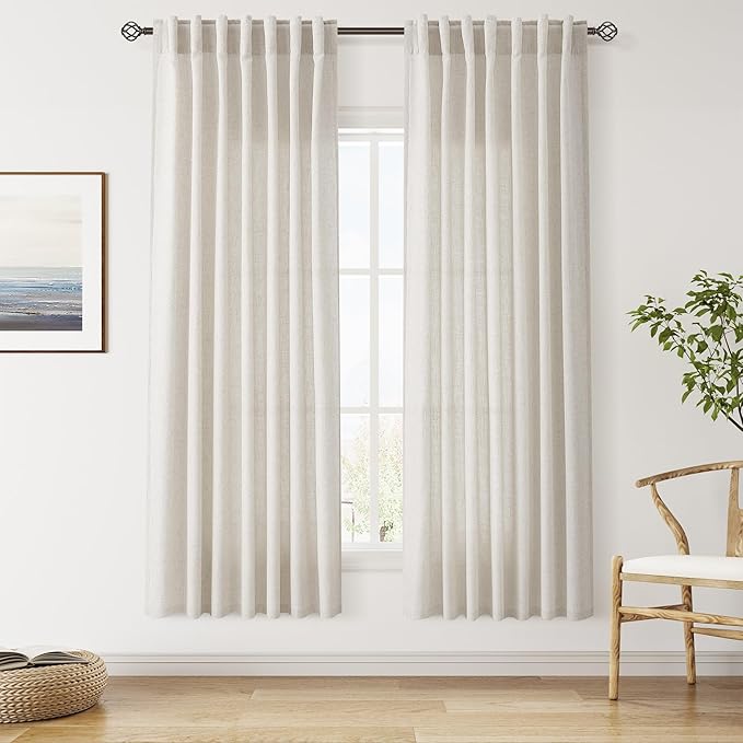 Nanspring Pearl White Linen Curtains for Living Room 72 Inches Long Luxury Light Filtering Semi Sheer Curtain Back Tab Coastal Decor Neutral Elegant Gray Drapes for Bedroom Office 52x72, 2 Panels