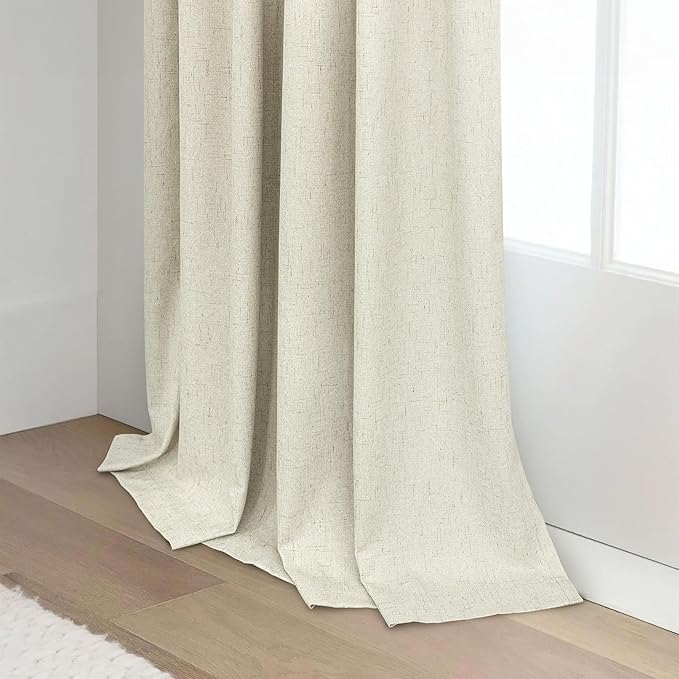 Cream Beige Blackout Curtains 90 Inches Long Thick Linen Patio Curtains for Sliding Glass Doors Cute Black Out Curtain for Nursery Bedroom Aesthetic Back Tab Pocket Pleated Drape 2 Panels 52x90 Length