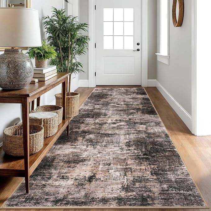 IOHOUZE Abstract Runner Rug 3x10 Ft Washable Runners for Hallways, Non Slip Kitchen Runner Printed Faux Wool Entryway Runner Indoor, Modern Abstract Floor Carpet for Hall Bedroom, Brown/Rust