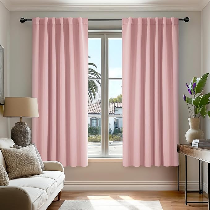 Deconovo Solid Thermal Insulated Blackout Curtains Back Tab and Rod Pocket Curtains Room Darkening Curtains for Bedroom 52Wx63L Inch Coral Pink 2 Panels