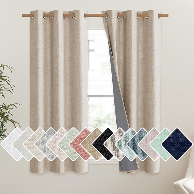 NICETOWN Cream Thick Linen Blend 100% Blackout Curtains 63" Long 2 Panels Set for Bedroom, 42" Wide, Rustic Grommet Thermal Insulated Flax Textured Full Blackout Window Draperies with Grey Liners